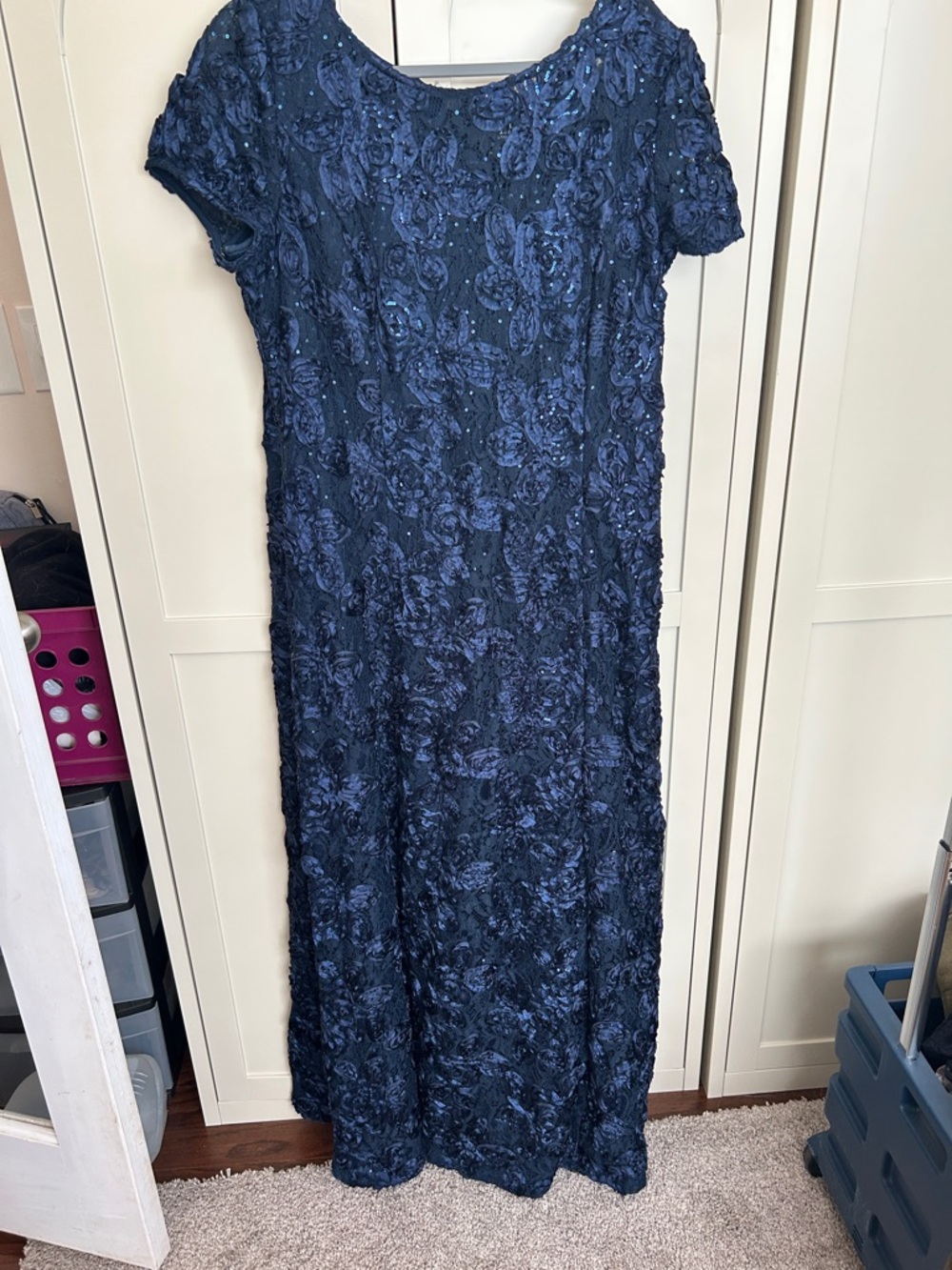Alex Evenings Navy Blue Beaded Short-Sleeve Maxi Dress